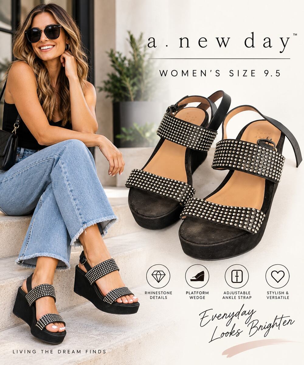 A New Day Women’s 9.5 Black Rhinestone Platform Wedge Sandals Ankle Strap